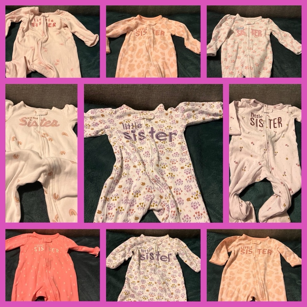 16 + items of Baby girl little sister onesies and outfits. NB, 0-3, 3-6, 6-9